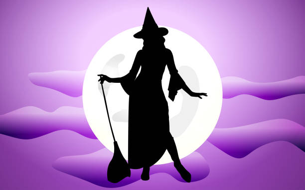 istock witch in front of full moon, Hand Drawn vector illustration of witch with broom, hand drawn vector illustration for halloween party background and invitation. 1433046977