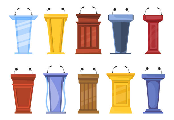 Different debate rostrums and platforms Different debate rostrums and platforms cartoon vector illustration set. Collection of wooden tribunes and glass podiums with microphones for conference, university classroom, lecture or interview tribune tower stock illustrations