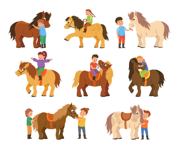 illustrazioni stock, clip art, cartoni animati e icone di tendenza di set di cavalli per bambini - horse child pony little girls