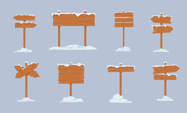 ilustrações, clipart, desenhos animados e ícones de canções de madeira vintage cobertas com ilustrações de vetores de neve definidas - prancha de neve