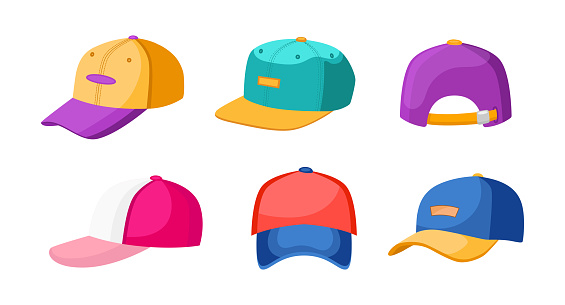 Colorful sports caps and baseballs cartoon illustration set. Orange, blue, pink, red head wear, hat for athletes and sportsmen for sun protection isolated on white background. Clothes, style concept