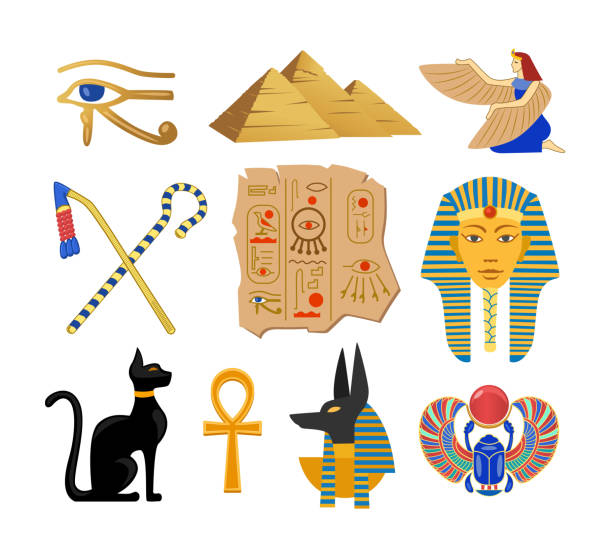 ilustraciones, imágenes clip art, dibujos animados e iconos de stock de símbolos de la antigua cultura egipcia conjunto de ilustraciones de dibujos animados - hieroglyphics egypt egyptian culture nefertiti