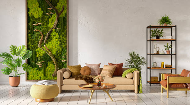 istock Modern living room interior with scandinavian moss on the wall, 3d rendering 1433047440