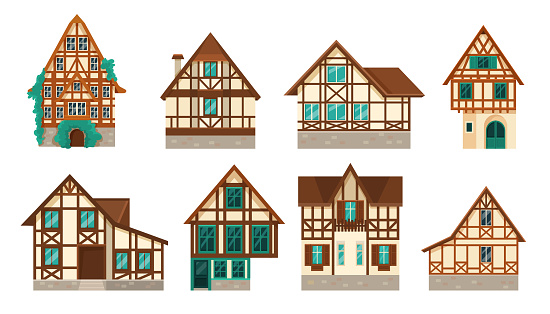 Old German half-timbered houses flat vector illustrations set. Collection of cartoon drawings of traditional half timber houses isolated on white background. Construction, exterior design concept