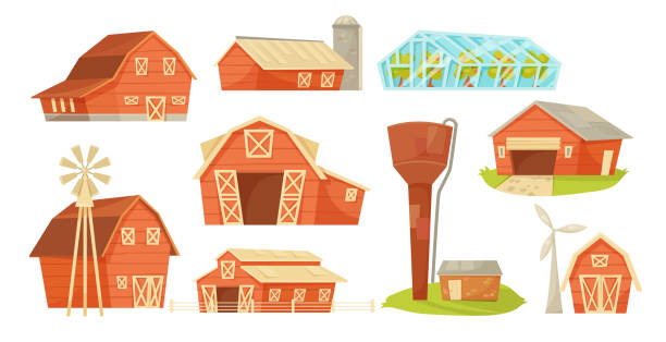 ilustrações, clipart, desenhos animados e ícones de casas de fazenda vermelhas ou galpões de ilustrações vetoriais definidas - barn