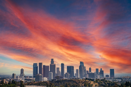 Beautiful Los Angeles California downtown skyline epic blue and yellow sky. View from the Elysian Park