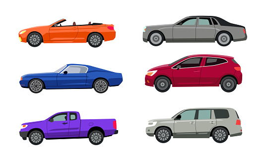 Side view of different car models flat vector illustrations set. Autos of various colors, SUV, hatchback, sedan, pickup, convertible isolated on white background. Transport, transportation concept