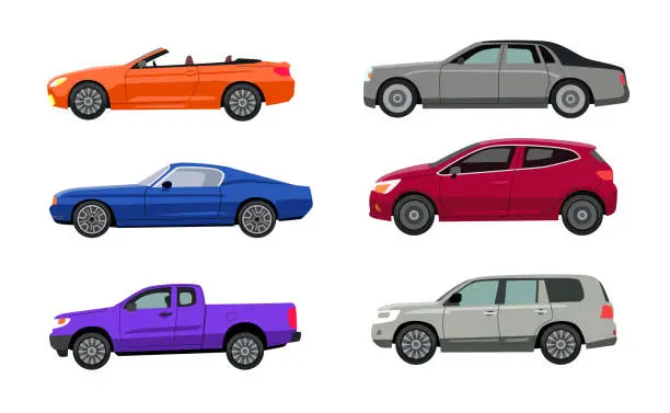 Vector illustration of Side view of different car models flat vector illustrations set