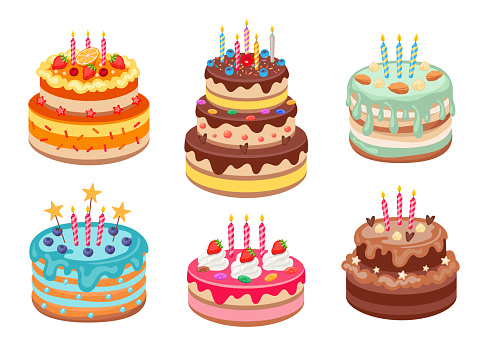 Birthday cakes with candles cartoon vector illustrations set. Delicious chocolate cakes or pies with elegant decor and icing isolated on white background. Pastry, desserts, bakery, party concept
