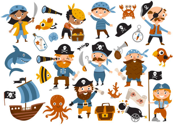 Cute pirate set Cute pirate set with ship, shark, crab, octopus, treasure, fish and parrot.Perfect for scrapbooking, greeting card, party invitation, poster, tag, sticker kit. Hand drawn vector illustration captain and ships boy stock illustrations