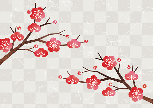 Plum blossoms and Japanese paper background watercolor