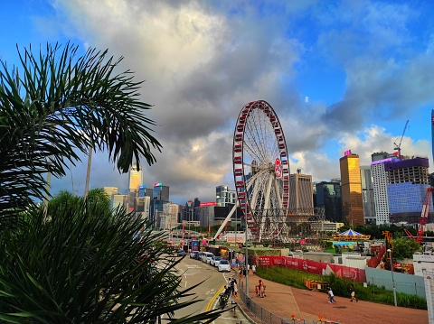 Hong Kong, October 2022 : View of  Hong Kong Observation Wheel and AIA Vitality Park in Central, Hong Kong