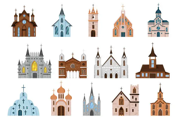 Vector illustration of Catholic church. Vintage monastery. Architecture buildings with glass windows. Crosses on roofs. Modern garish doors. Bell tower. Wooden and stone temples. Vector isolated chapels set