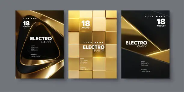 Vector illustration of Electronic music festival ads poster set. Modern club electro party invitation.