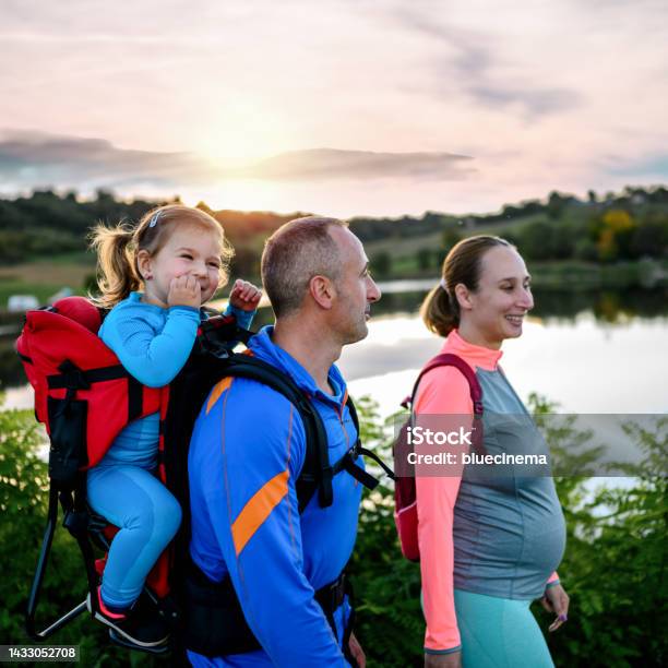 Active Young Family Walks In Nature Stock Photo - Download Image Now - Baby Carrier, Outdoors, 2-3 Years