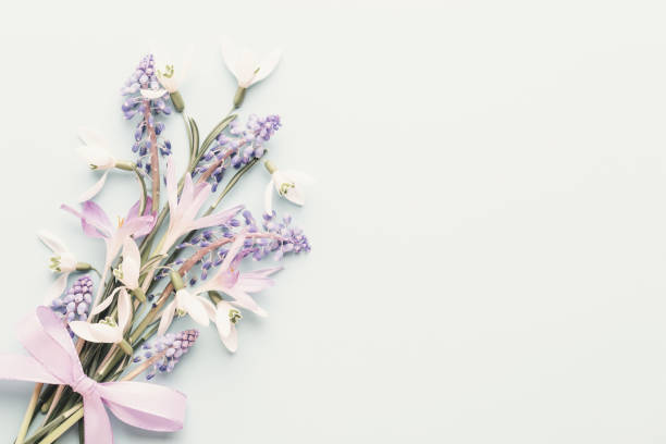 istock Fresh snowdrops on blue background with place for text. Spring greeting card. Mother day. Flat lay. 1433053788
