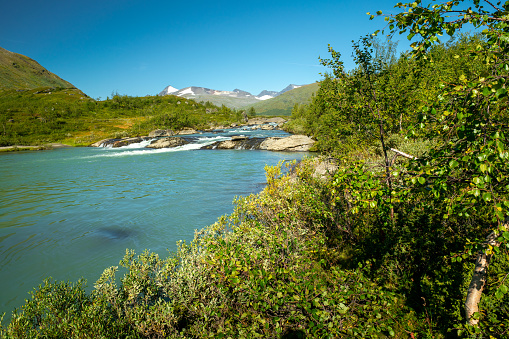 Wild glacial river flows through remote, green Arctic landscape on a sunny day of summer. Njoatsosjahka river and Ryggasberget mountain on the horizon in Sarek National Park, Sweden