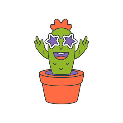 Hipster green cactus character in sunglasses with waving hands growing in pot pop art groovy sticker vector cartoon illustration. Hippie smiling potted plant summer desert comic t shirt print