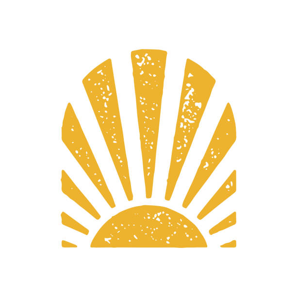 Abstract yellow half sun with bright beams aesthetic bohemian artwork curved arch frame grunge texture vector illustration. Minimalist hand drawn logo sunset, sunrise, sundown, morning, evening