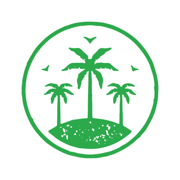 ilustrações de stock, clip art, desenhos animados e ícones de uninhabited sea island with palm trees jungle and flying seagulls green circle logo grunge texture - wild abandon