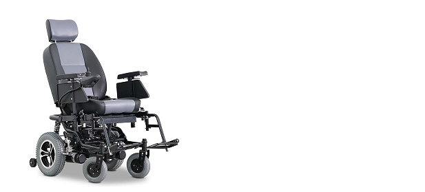 Electric wheelchair with copy space on white background