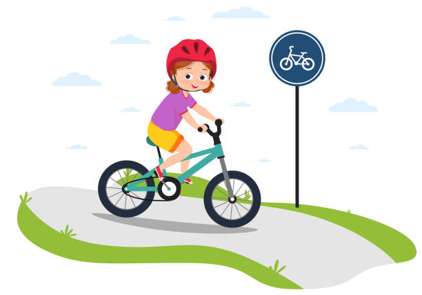 ilustrações de stock, clip art, desenhos animados e ícones de traffic education. a cute little girl in a helmet rides a bike on a bike path. the concept of safety and compliance with the rules of the road. - rules of the road