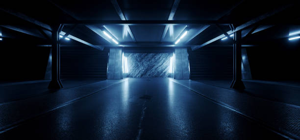 istock Basement Nuclear Bunker Underground Neon Cyber Sci Fi Futuristic Rock Wall Cement Concrete Parking Showroom Grunge Car Metal Door Corridor 3D Rendering 1433058549
