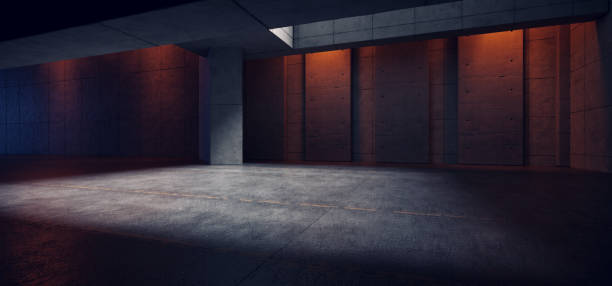 istock Car Hangar Garage Studio Rough Concrete Cement Asphalt Realistic Tunnel Corridor Hallway Showroom Warehouse Basement Spotlight Studio Underground 3D Rendering 1433058568