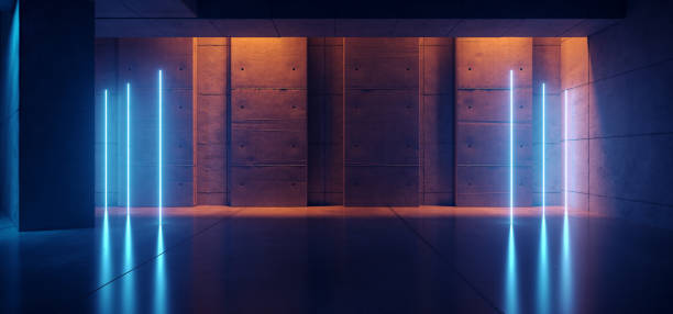 istock Neon Laser Blue Lights Hangar Garage Studio Rough Concrete Cement Asphalt Realistic Tunnel Corridor Hallway Showroom Warehouse Basement Spotlight Studio Underground 3D Rendering 1433058640