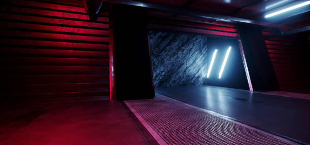 istock Underground Neon Cyber Sci Fi Futuristic Rock Wall Cement Concrete Basement Nuclear Bunker Parking Showroom Grunge Car Metal Door Corridor 3D Rendering 1433058681