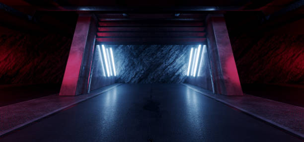 istock Underground Neon Cyber Sci Fi Futuristic Rock Wall Cement Concrete Basement Nuclear Bunker Parking Showroom Grunge Car Metal Door Corridor 3D Rendering 1433058722