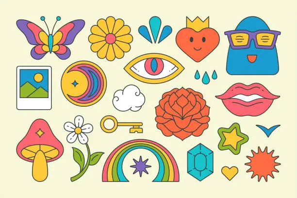 Vector illustration of Collection psychedelic contoured elements pop art groovy decorative stickers vector cartoon