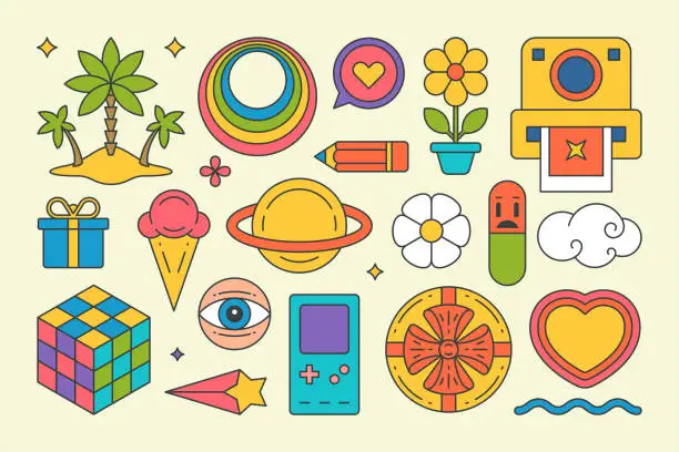 Vector illustration of Collection groovy elements island palm trees, rainbow circle, psychedelic pile stickers vector