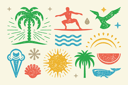 Summer symbols and objects set vector illustration. Cold ice cream cone with watermelon wedge and seashell. Tropical bright palm on island with rising sun and sperm whale. Vector flat collection