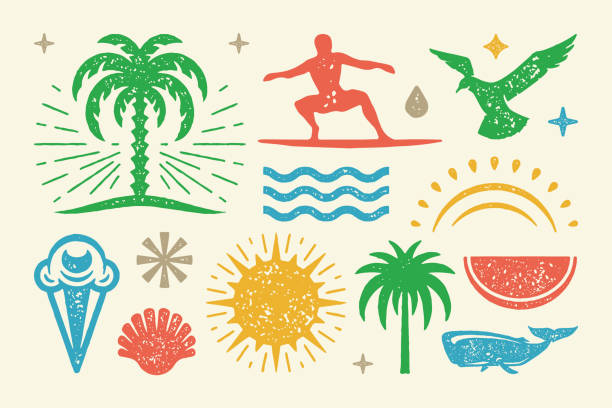 Summer symbols and objects set vector illustration. Cold ice cream cone with watermelon wedge Summer symbols and objects set vector illustration. Cold ice cream cone with watermelon wedge and seashell. Tropical bright palm on island with rising sun and sperm whale. Vector flat collection idyllic stock illustrations