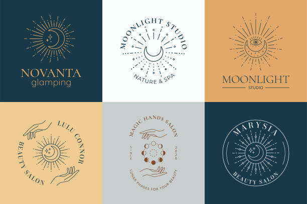 illustrazioni stock, clip art, cartoni animati e icone di tendenza di boho sole e luna logo, sole line art vettoriale. design minimale bohémien del logo vettoriale della luna - moonlight