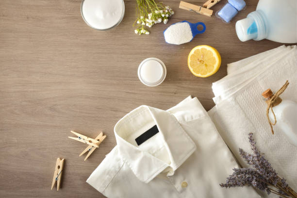 istock Clothes washing background with products and fabric 1433060350