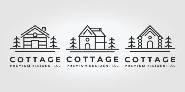 Set Bundle of Cabin Cottage Line Art Icon Vector Minimalist Illustration Design Lake River Ocean Wave Sunrise Forest Pine Tree