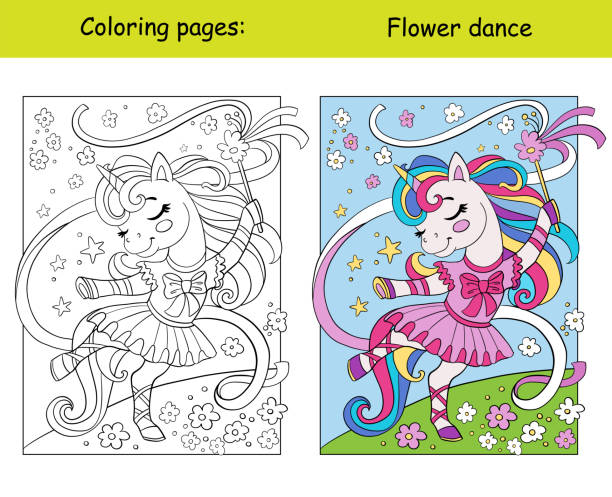 Cute dancing unicorn ballerina coloring book page and color Cute dancing unicorn ballerina. Kids coloring book page with colorful template. Vector cartoon illustration isolated on white background. For coloring, education, print, game, decor, puzzle, design unicorn coloring pages stock illustrations