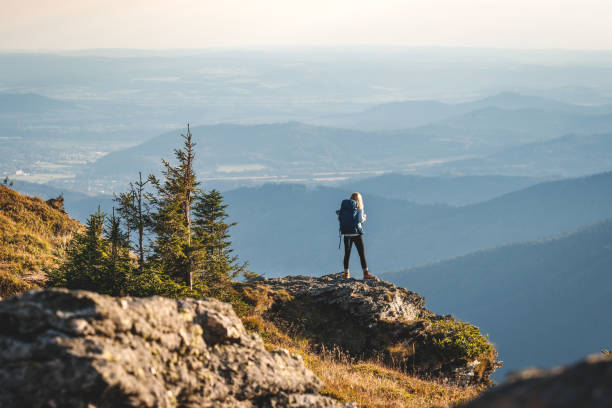 istock Female tourist with backpack standing on mountain peak and looking to valley 1433064020