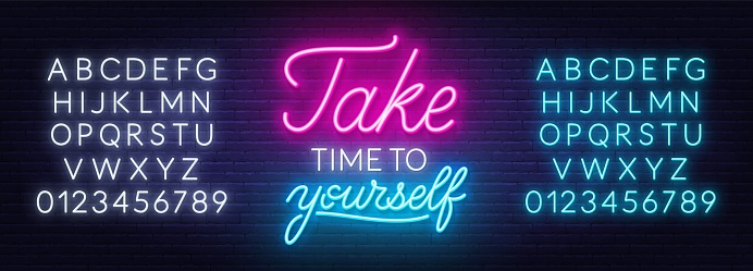 Take Time to Yourself neon quote on a brick wall. Inspirational glowing lettering. Blue and white neon alphabets.