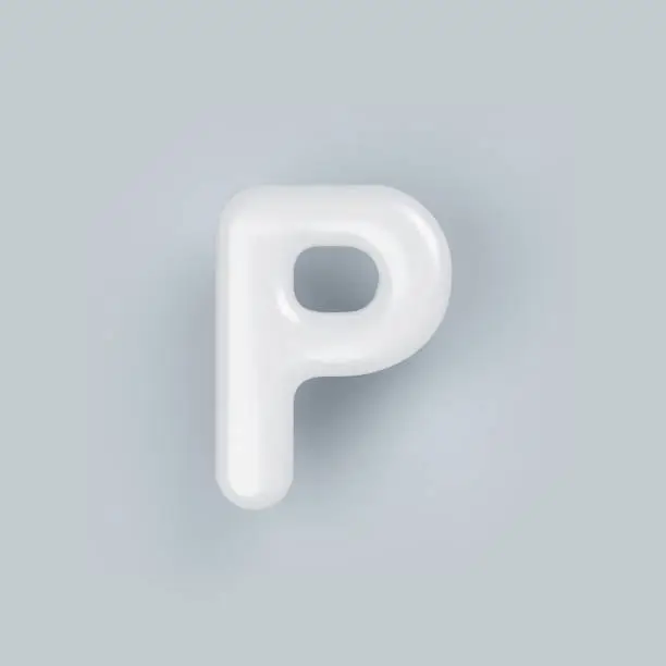 Vector illustration of 3D White plastic uppercase letter P with a glossy surface on a gray background.