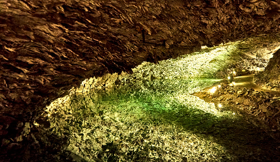 Unnderground Path Lighted Underground Path Next To A Groundwater Pond In A Cave Made Of ...