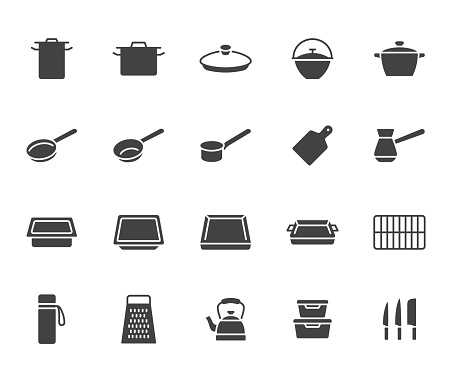 Cookware flat icon set. Kitchen equipment - cooker pan pot, frying griddle, lid, knife grater minimal vector illustration. Simple glyph, silhouette sign of cooking utensils.