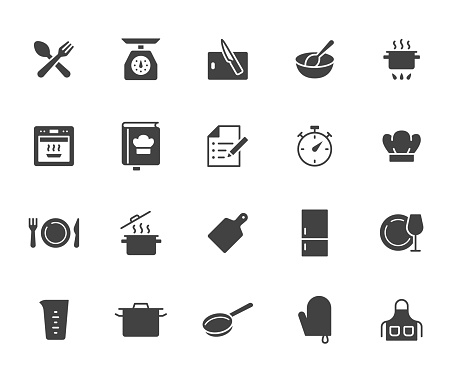 Cooking flat icon set. Kitchen tools - pan, pot, dinner utensil, cookbook, chef hat minimal vector illustration. Simple glyph, silhouette sign of food recipe instruction.