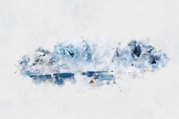 White Landscape: stationary train with red locomotive and iron ore freight cars in snow loading at mine. Logos and ID removed