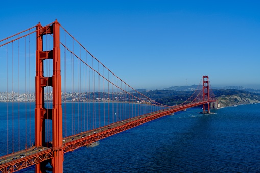 An aerial view of the historic Golden Gate Bridge in San Francisco