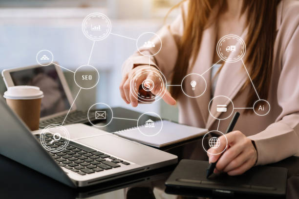 istock Business working digital tablet, smartphone with keyboard and computer laptop. Digital marketing media in virtual screenat office 1433068671