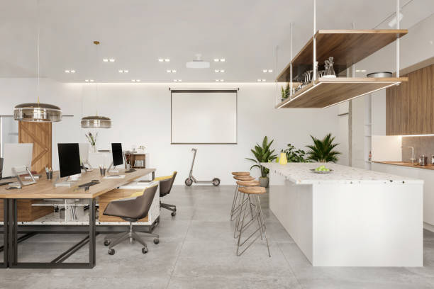 istock Modern coworking office interior with kitchen island and bar stools 1433071960