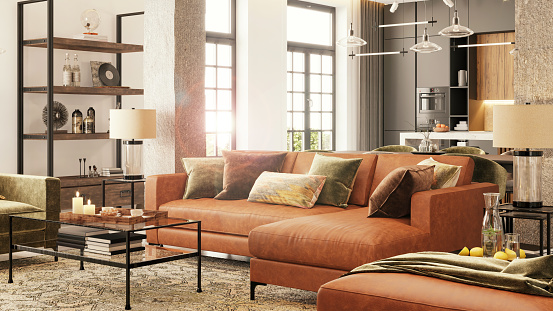 Modern apartment living room interior and kitchen in the background. Large leather sofa with coffee table, armchair, carpet, pillows and lamps. Copy space template. Render.